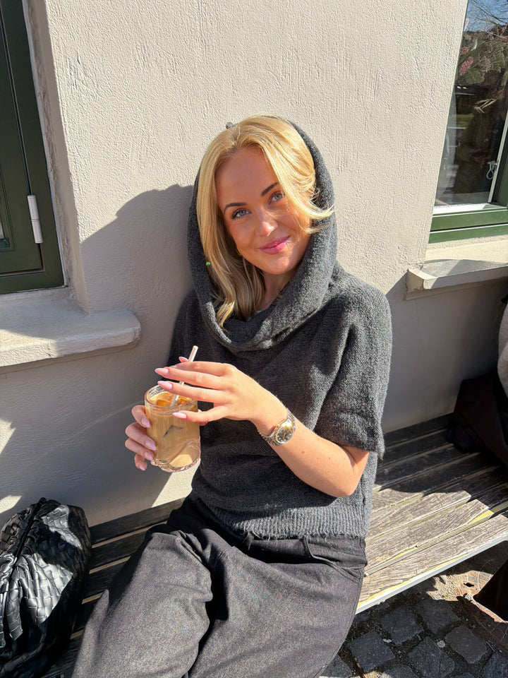 Rita Off Shoulder Hood Knit - Dark Grey Melange