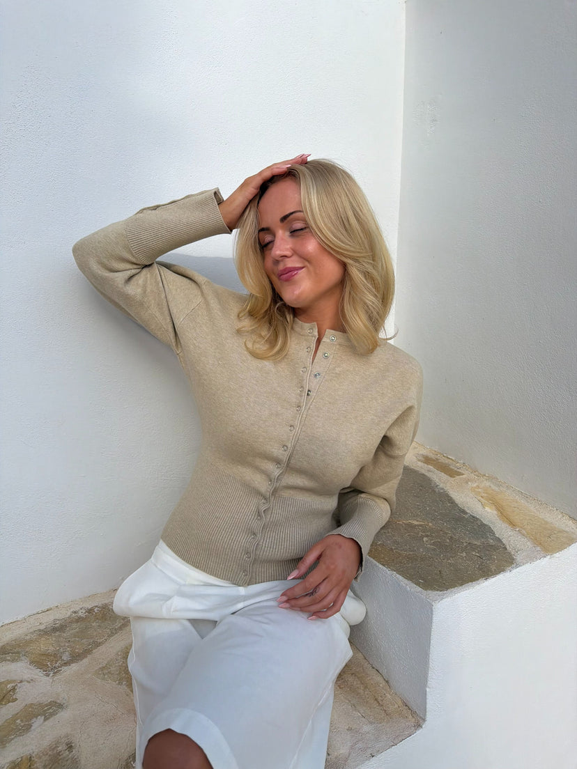 Bina Waisted Knit Cardigan - Beige Melange
