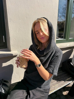 Rita Off Shoulder Hood Knit - Dark Grey Melange