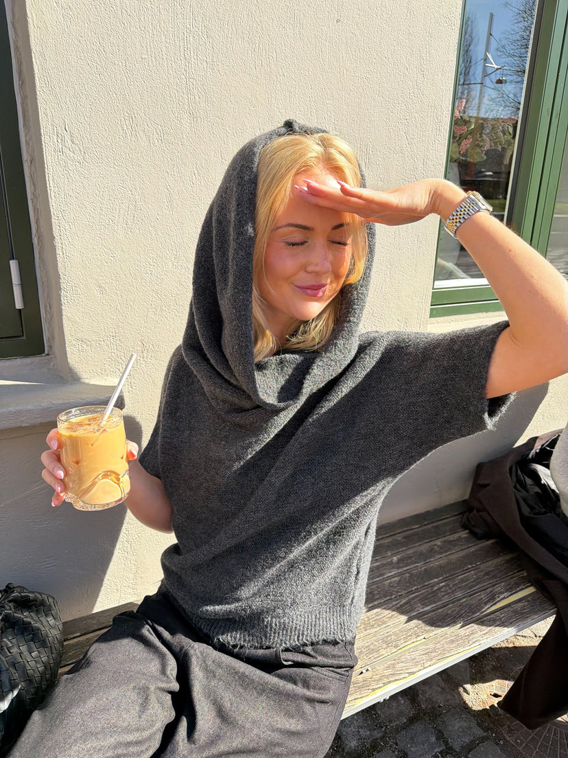 Rita Off Shoulder Hood Knit - Dark Grey Melange