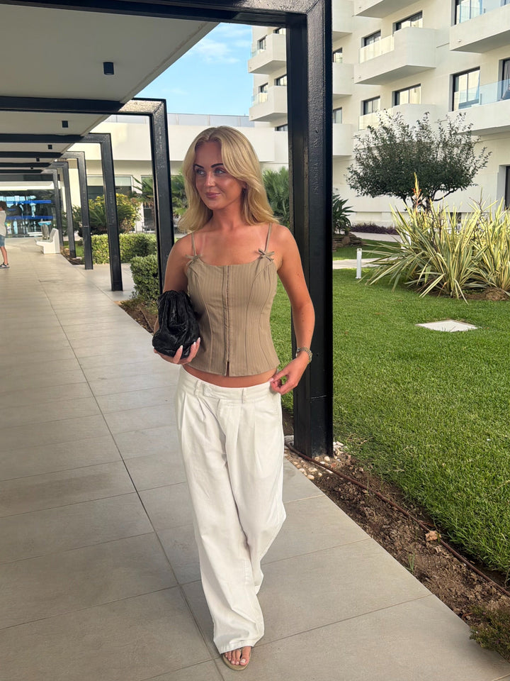 Petra Bow Top - Beige Pinstripe