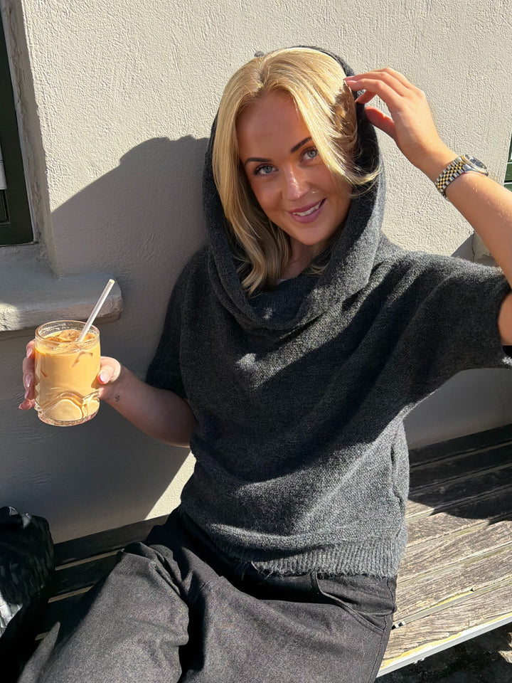 Rita Off Shoulder Hood Knit - Dark Grey Melange