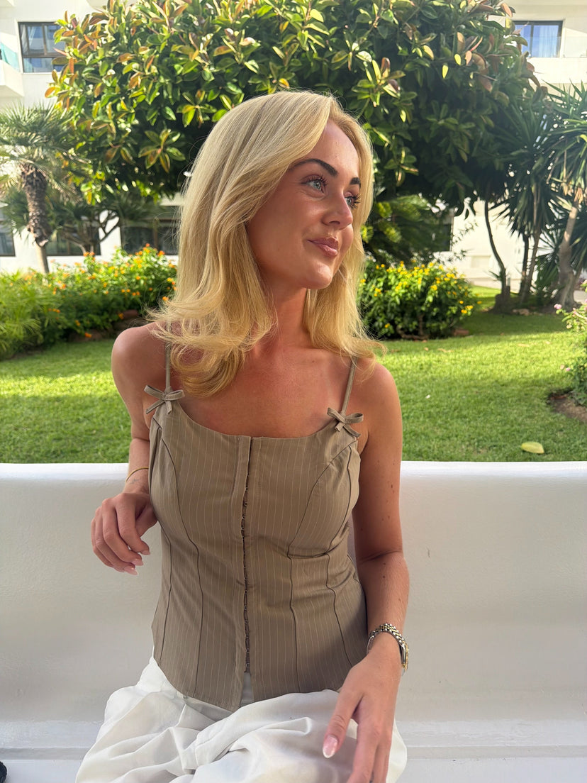 Petra Bow Top - Beige Pinstripe