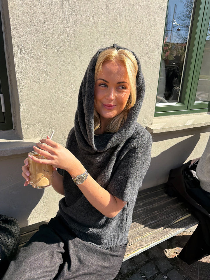 Rita Off Shoulder Hood Knit - Dark Grey Melange