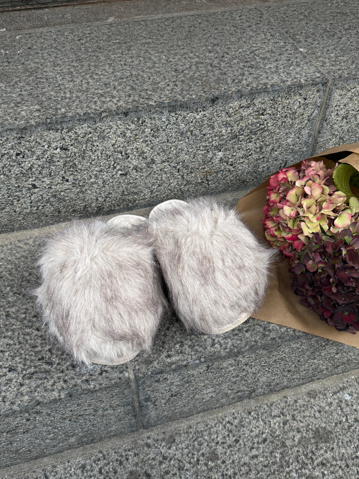 Siva Fluffy Faux Fur Slippers - Taupe