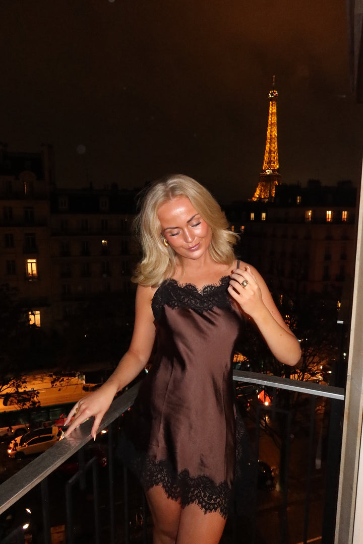 Gina Satin Lace Dress - Dark Brown