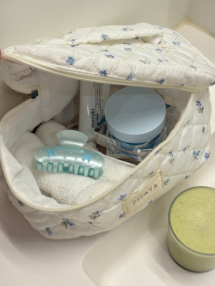 Large Makeup Bag - White Cute Flower