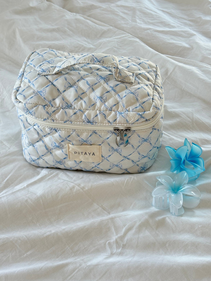 Large Makeup Bag - Blue Bow Check