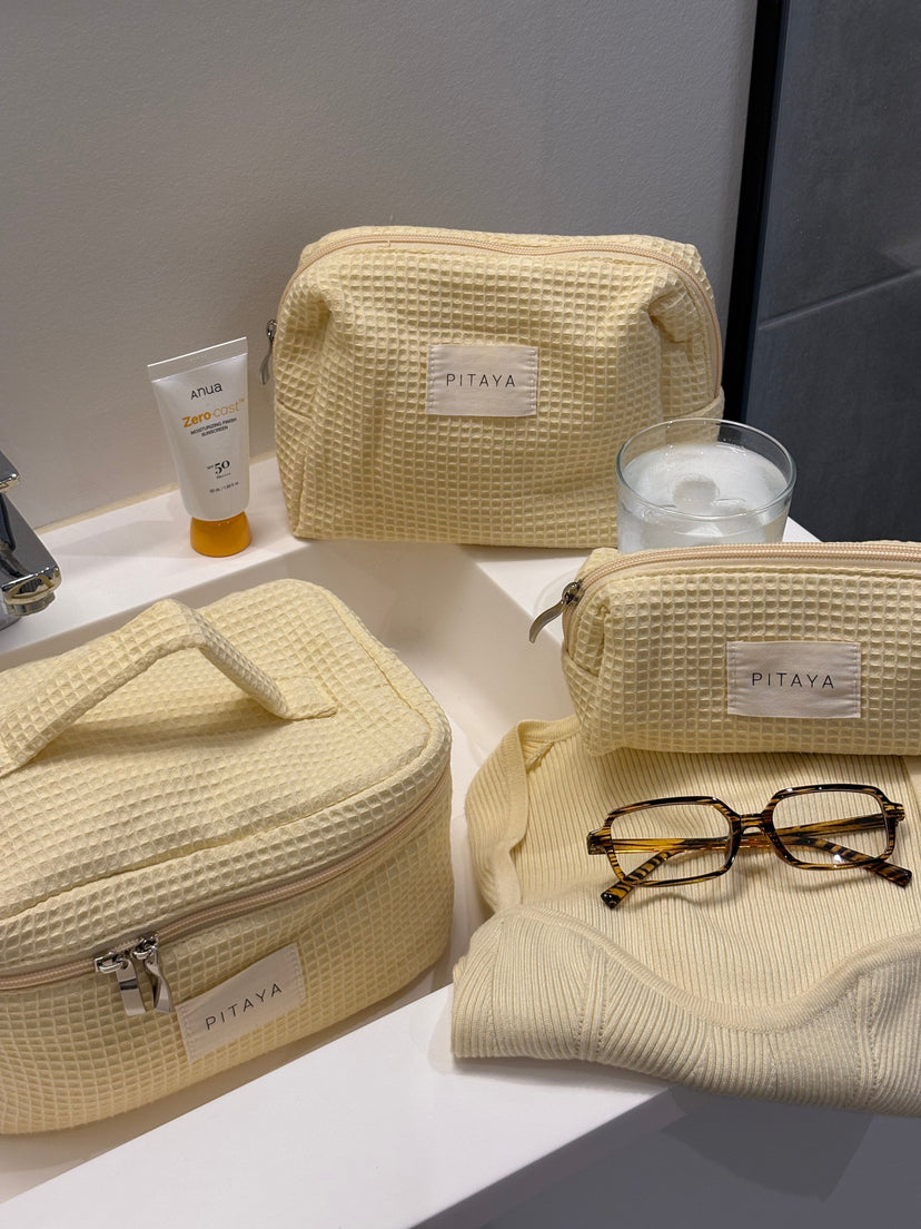 Large Waffle Makeup Bag - Light Yellow