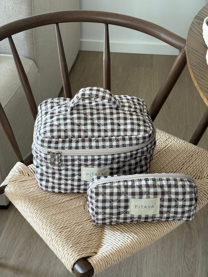 Large Makeup Bag - Espresso Brown Check
