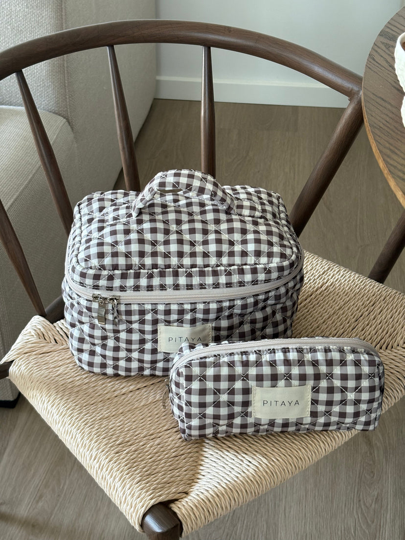 Large Makeup Bag - Espresso Brown Check