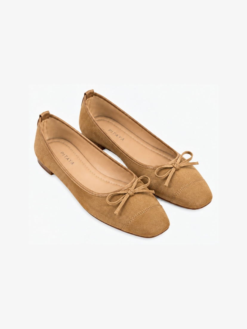 Irina Square Bow Ballerina - Faux Suede Caffe Latte