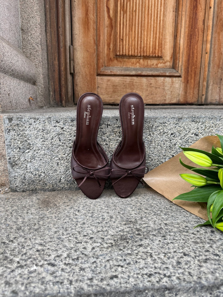 Nellie Bow Tie Heeled Mules - Dark Brown